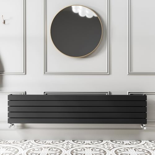 Go Bathrooms Pinta 340 x 1600mm Horizontal Radiator Black Flat Panel Double Column Wall Mounted Designer Black Radiator Central Heating Includes Brackets
