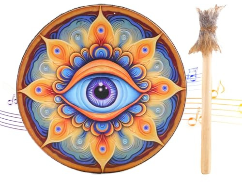 Shamaniska trummor, trä shaman trummor med trumpinne, retro färg shaman handtrumma, dekorationsdesign handtrumma, trä för meditation, andlig musik