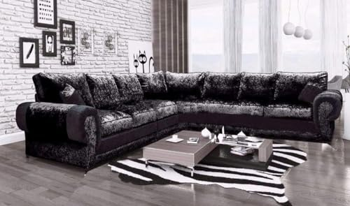 Crushed Velvet 3C3 Corner Sofas Settee for Living room -Cheap Large 7 Seater Couch - Soft Velvet Fabric high back CUshion- 005 (Black, 280X280CM)
