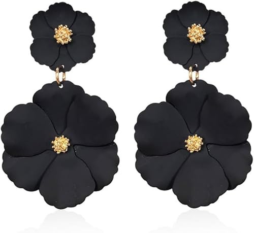 TOFBS Boucles D'oreilles Fleur Double Pétales Superposés Pendantes Bijoux Femme Élégants Centre Cristallin Accessoires Printemps Été