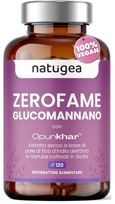 Natugea Zerofame Glucomannano – Integratore Alimentare con OpunKhar, Fibra Vegetale con Fico d’India e Carrube, Supporto al Senso di Sazietà, Vegano, 120 Compresse