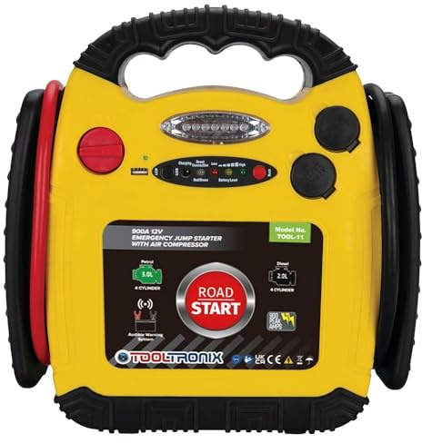 ToolTronix 4-in-1 Car Emergency Power Pack: Jump Starter, 12V Battery Booster, 300 PSI Tyre Inflator Air Compressor, USB Port, LED Work Light, Battery Level Indicator, and Dual 12V Outlets