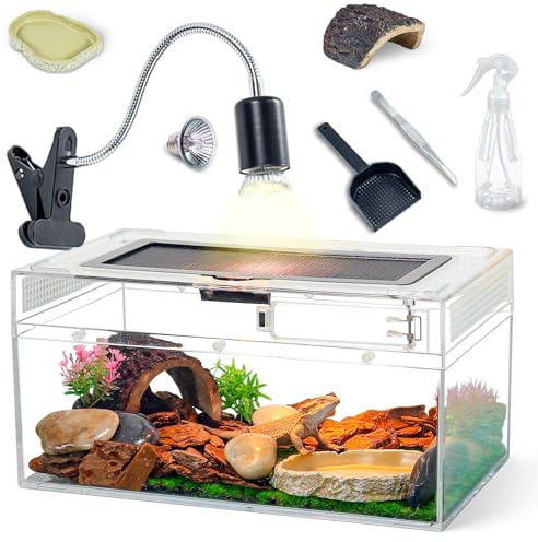 BINANO 12.5''×6''×7'' Reptile Tank Kit with Heat Lamp, Spray Bottle, Shovel, Tweezers, Food Bowl, Hideout -Perfect for Geckos, Snakes, Lizards, Turtles, Jumping Spider,Milk Frog,Hermit Crabs