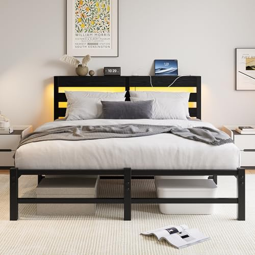 VERFARM Cama de 140 x 200 cm con LED, cama de metal con estación de carga USB y cabecero de madera con espacio de almacenamiento, cama de invitados, cama juvenil, cama doble con espacio de