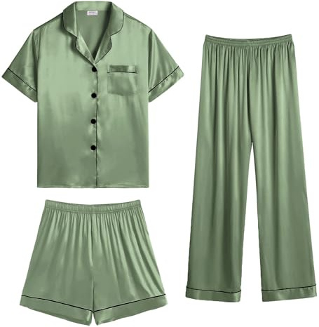 SWOMOG Womens Satin Pyjama Sets Ladies Silk Nightwear 3 Piece Short Sleeve Pj Button Down Sleepwear Set XS Matcha