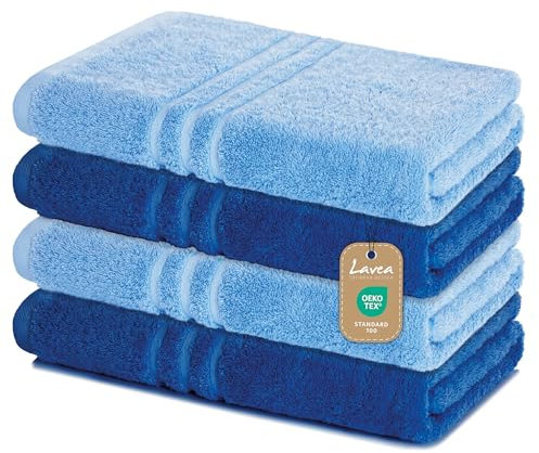 Lavea Duschtücher 4er Set – 70x140 cm – 100% Baumwolle – Weiche & Saugfähige Frottee Handtücher – 500 g/m² – Einfarbig & Zweifarbig – ÖKO-TEX Zertifiziert – Waschbar bis 60°C - Delphinblau & Royalblau