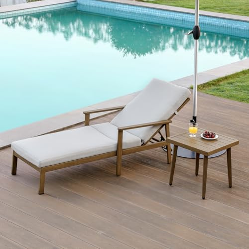 SEEHILL Teak Lounge Chair Set, 2 Pieces Never Rusts Aluminum Pool Lounge Set with Gray Thick Cushion, Outdoor Chaise Lounge with Side Table, Outdoor Lounge Furniture for Beach, Poolside, Backyard