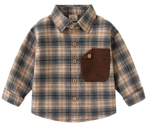LUVCES Camicie in Flanella a Quadri per Ragazzi Camicetta Casual in Cotone con Bottoni Classica Camicia con Tasca sul Petto Autunno Primavera per Bambino Plaid Blu 5-6 Anni