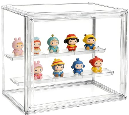 Vurixfo 2 Tier Display Case for Collectibles, PET Clear Display Box | Dustproof Protection Showcase, with 2 Removable Panels and Magnetic Door, for Action Figures Toys Home Storage, 27*22*18cm