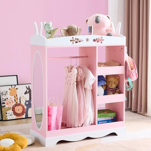 Karl home Kids Dress Up Storage with Mirror, Rabbit-Shaped Costume Wardrobe with 3 Hooks for Kids, Toddler Open Hanging Armoire Closet with Storage Shelves for Nursery Classroom Playroom, Pink