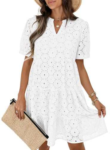 COCCKO Womens Summer Eyelet Dresses 2026 Casual Babydoll Swing V Neck Short Sleeve Hollow Out Lace Tunic Dress White