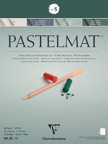 Clairefontaine 96113C Zeichenblock Pastelmat (12 Blatt, 18 x 24 cm, 360 g, mit 4 transparenten Trennblättern, Spezielkarton ideal fur Pastell und Kreide) dunkelblau, hellgrün, dunkelgrün und weiß