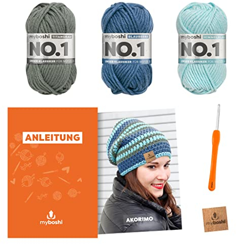 myboshi Häkelset Mütze Akorimo, inkl. No.1 Wolle, Häkelnadel, Anleitung, original Label, Häkelpaket, 30% Merinowolle Grau, mit Häkelnadel