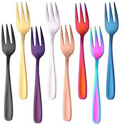 SBOMHS Forchettine per dolci 8 pezzi Forchette da dessert in acciaio inossidabile Forchette da frutta da tavola Forchette colorate Mini forchetta da tavola lunga 14 CM