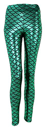 Faletony Women's Mermaid Fish Scale Printed Leggings Stretch Tight Pants Pencil Pants, Green, Tag Size L=UK 8-10