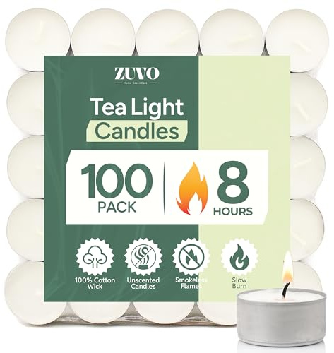 Zuvo [ 100 Pack] Tea Light Candles 8 Hour Burn Time White Unscented 3.8Cm x 2.3 cm 23 g (100 Pack), 90129c
