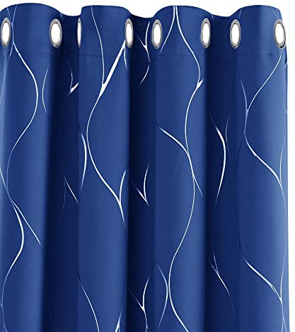Deconovo Cortina Opaca para Habitación Matrimonio Moderno de Rayas Plateadas con Ojales 2 Piezas 140x290cm Azul Oscuro