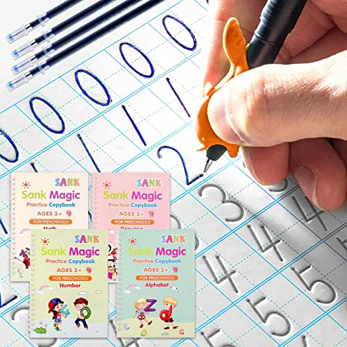 Magisches Heft Deutsch,4 Stück 26 x 18.5 cm Wiederverwendbares Magisches Übungsheft für Kinder,Deutsche Magische Kalligraphie,mit 5 Nachfüllungen + 1 Stifthalter,Alphabet,Mathematik (English)