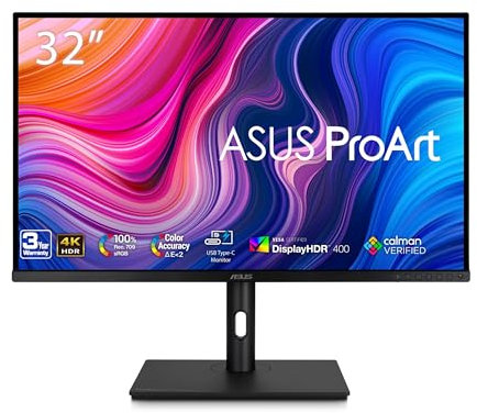 ASUS ProArt Display Monitor 4K HDR de 32 Pulgadas PA329CV UHD 3840 x 2160, IPS, 100% sRGB/Rec.709, ΔE < 2, Calman verificado, Entrega de energía USB C, DisplayPort, HDMI, hub USB 3.1, Abrazadera C,