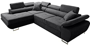 Robin Inspire Saturn Premium Divano angolare con funzione letto cassetto per biancheria e cuscini Poggiatesta regolabili stile moderno nero angolo a sinistra 272 x 200 x 90