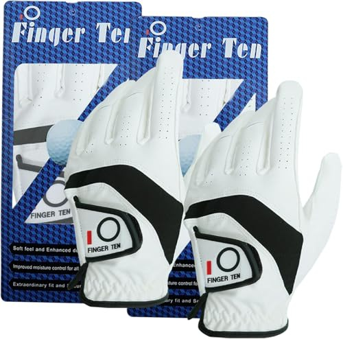 FINGER TEN Golf Gloves Men Left Right Hand 2 Pack (White, ML, Left)