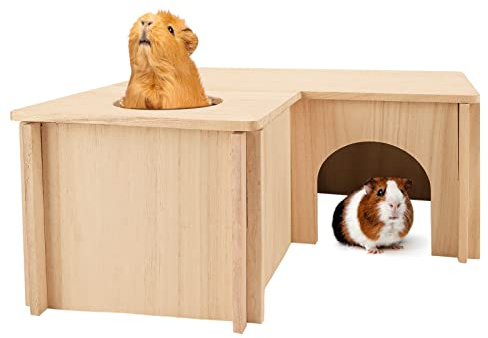 PAWCHIE Guinea Pig Hideout Hamster House with Multi-Rooms - Small Animals Pets Hideout Multi-Chamber Wooden Hut Habitats Decor Tunnel for Guinea Pigs, Hamsters, Chinchillas