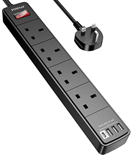 POWSAF Extension Lead with 4 USB Slots (3.4A, 1C and 3A Ports),Power Strip Extension cord with 4 way plug extension Socket and 2M Extension Cable for Home Office Travel holiday essentials,Black