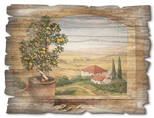 ARTland Wanddeko Bild aus Holz Holzbild vintage Deko 40x30 cm Tontopf Baum Zitronen Fenster Landschaft Toskana Italien Rustikal Vintage T5ZG