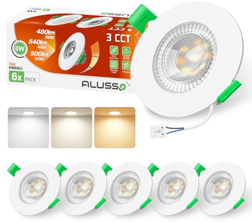 ALUSSO LIGHTING Led-inbyggd strålkastare, 230 V, dimbar, platt, strålkastare 6 W, 68 mm, med avtagbar modul, 3CCT varmvitt, naturvitt, kallt vitt, IP44, inbyggd belysning, takstrålar för badrum och