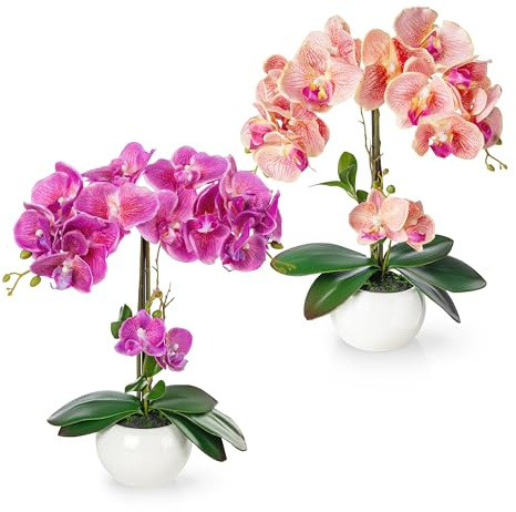 PASCH® 2er Set Orchideen künstlich in Hochglanz-Keramiktöpfen (40cm) | Kunstblumen im Topf | Kunstblumen wie echt | künstliche Orchideen im Topf | künstliche Blumen (Hellrosa-Rosé)