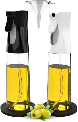 2 x 300ml ölsprüher für speiseöl + Trichter + 2 rutschfeste Halterungen | BPA-freies Kochspray für Öl, Essig, Soja, Zitrone(Nicht für die Spülmaschine geeignet)