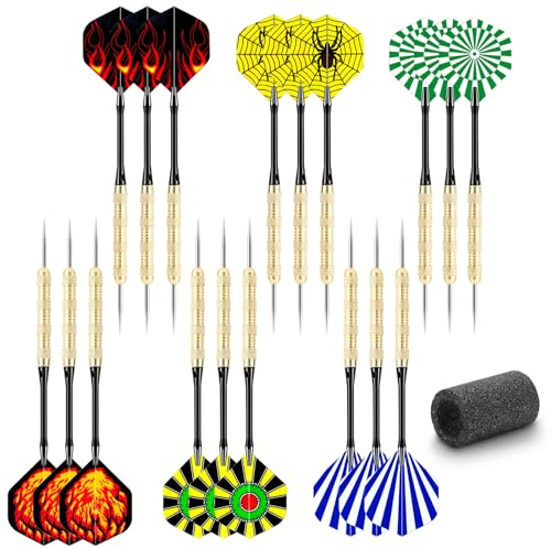 GOFOWRK 18 Stück Dartpfeile Metallspitze, 15g Aluminium Schaft Dartpfeile Profi for Anfänger oder Profi, Darts Set mit 6 Style PET Darts Flights and a Dart Sharpener