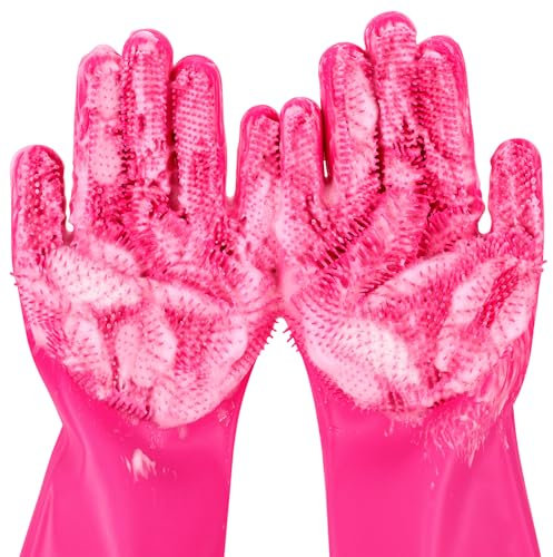 Pecute Heat Resistant Pet Grooming Gloves, Silicone Bathing and Massaging Gloves for Dogs and Cats, Pink