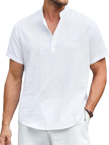 Enlision Camicia Coreano Uomo Lino Manica Corta Maglietta Bianca Uomo Estive Serafino Senza Collo Leggero Traspirante Eleganti Ampia vestibilità T Shirt Casual Taglia L