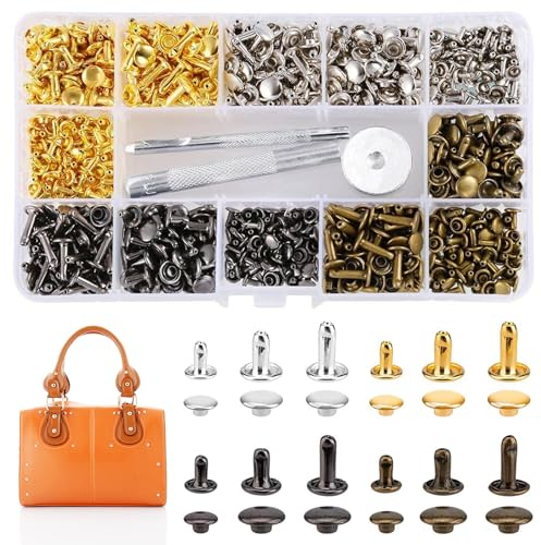 480 Set Leder Nieten Doppelkappe Rivet 3 Größen Nieten für Leder Ledernieten Metallnieten Set Doppelkappe Nieten Set mit 3 Stück Fixierung Werkzeug Hohlnieten für Kleidung Dekoration DIY Lederhandwerk