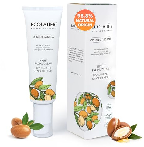Night Cream with Organic Argan Oil – Revitalizing & Nourishing, Anti-Aging Face Moisturizer with Vitamin C, Vegan, 97.7% Natural Ingredients, 1.7 Fl Oz - ECOLATIER
