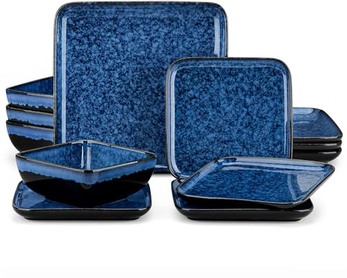 vancasso Stern Blue Dinner Set Square Reactive Glaze Tableware 12 Pieces Kitchen Dinnerware Stoneware Crockery Set with Dinner Plate, Dessert Plate, Bowl Service for 4