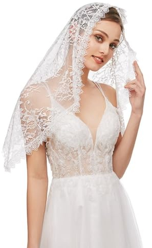 runrayay Iglesia Católica Mantilla velo de estiramiento, larga messa cristiana latina retrógrada cubierta con el velo de la iglesia de estiramiento español, blanco