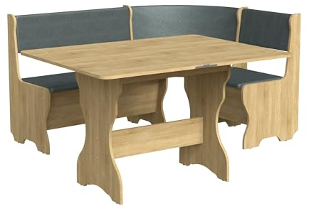 Rodnik Eckbankgruppe Malta 111x151cm, Sitzbank, Truhenbank, Kunstleder grau, Esstisch ausklappbar 90-118 cm Sonoma Eiche