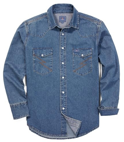 HISEA Men's Denim Shirt Long Sleeve Heavyweight Jean Work Shirt Mens Regular Fit Snap Button Down Shirts Cotton Work Shirts Washed Finish Blue