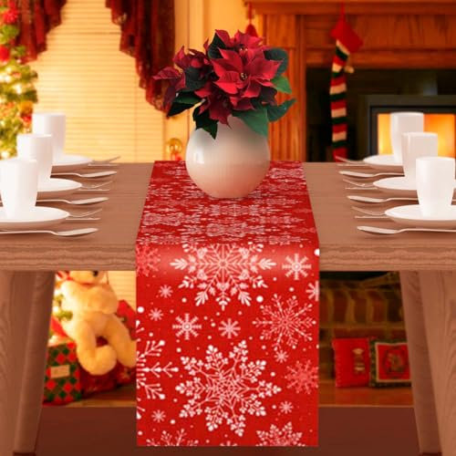 ROELLY Weihnachtstischläufer, Schneeflockenrote Tischläufer Weihnachten, Waschbare Tischläufer Winter, 40 x 180 cm Weihnachten Tischläufer, Geeignet für Weihnachtsdekoration, Tischdekoration