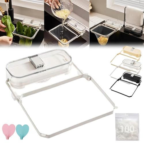 Suction Cup Sink Strainer, Sink Drain Strainer, Kitchen Sink Filter, Sink Drain Strainer Basket with 100PCS Net, Removable Suction Cup Kitchen Sink Filter Rack with Mesh Bag for Food Waste (White)
