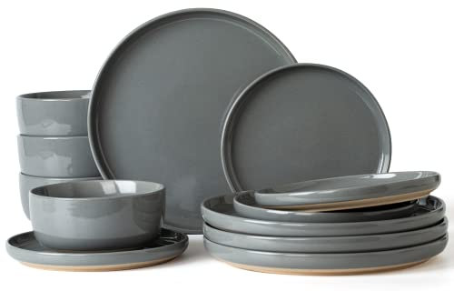 Richmount Milkyway Plates and Bowls Set, 12 Piece Dinner Set, Speckled Stoneware Dinner Set for 4, Chip and Scratch Resistant Dinnerware Sets, Dishwasher & Microwave Safe, Dark Gray