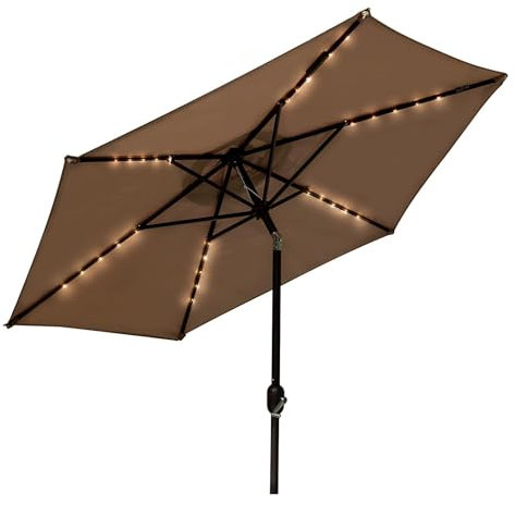 GUOGLZ 200cm Aluminium Garten Sonnenschirm Mit LED Solar Beleuchtung Marktschirm Kurbelschirm UV Schutz Neigbar Balkonschirm Für Deck Hof Pool(Taupe)