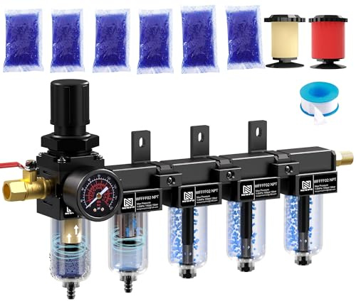 NEWPO 1/4'' NPT 5 Stage Air Dryer for Compressor,Air Compressor Water Separator System with 5＆0.01 Micron Filter Cartridge,Triple Desiccant Dryer Air Drying System, Metal Bowl Semi-Auto Drain (Black)