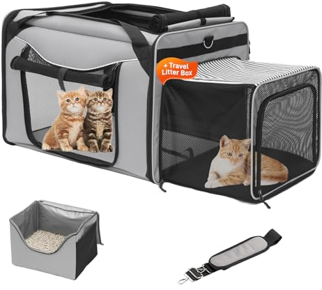 A.FATI Expandable Large Cat Carrier for Car Travel with Litter Box, 24x17x16 Soft-Sided Cat Crate up to 35lbs, Tear-Resistant Pet Carrier for Large/Medium Cats for Road Trip Vet Visit(Grey)