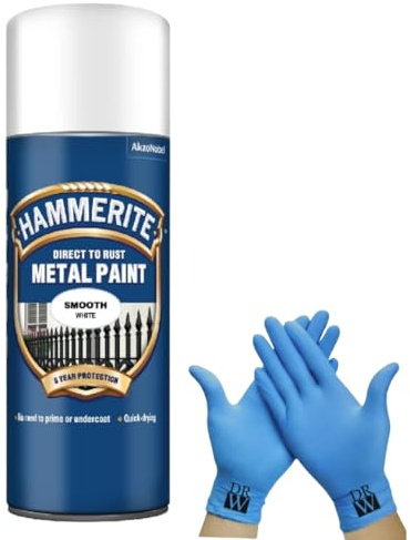 Hammerite Direct to Rust Metal Spray Paint Smooth White 400ml + Free Nitrile Gloves | Fast-Drying Aerosol, Long-Lasting Rust Protection for Indoor & Outdoor Metal (WHITE)