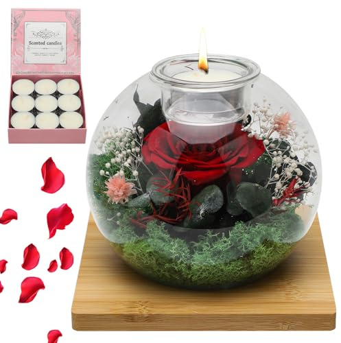 DASIAUTOEM Regalo di rosa eterna per donne, regalo di rose infinito, fiori conservati, contenitore in vetro rotondo con 18 candele profumate e supporto in legno, regalo di Natale per moglie, mamma