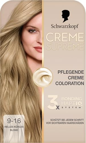 Schwarzkopf Creme Supreme Coloration 9-16 Helles Kühles Blond (182 ml), dauerhafte Haarfarbe mit Serum und Haar-Maske schützt vor sichtbaren Haarschäden, für 100% Grauabdeckung