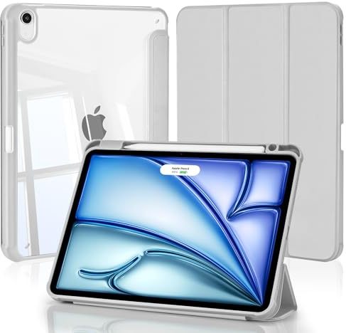 4UBonLife Custodia per iPad Air 11 Pollici M4/M3/M2 (2026/2025/2024), iPad Air 5a/4a Gen 10,9 con Portapenna Cover Retro Rigido Trasparente, Smart Case Antiurto Anti-Ingiallimento, Grigio Chiaro